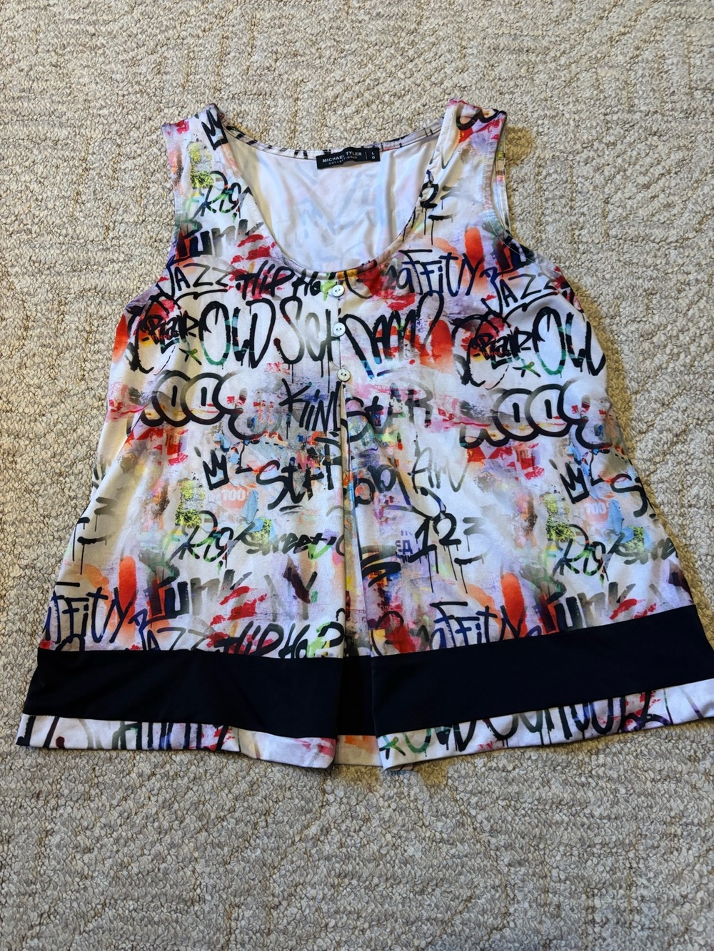 Michael Tyler White Multi-Color Graffiti Print Tank Top with Black Trim